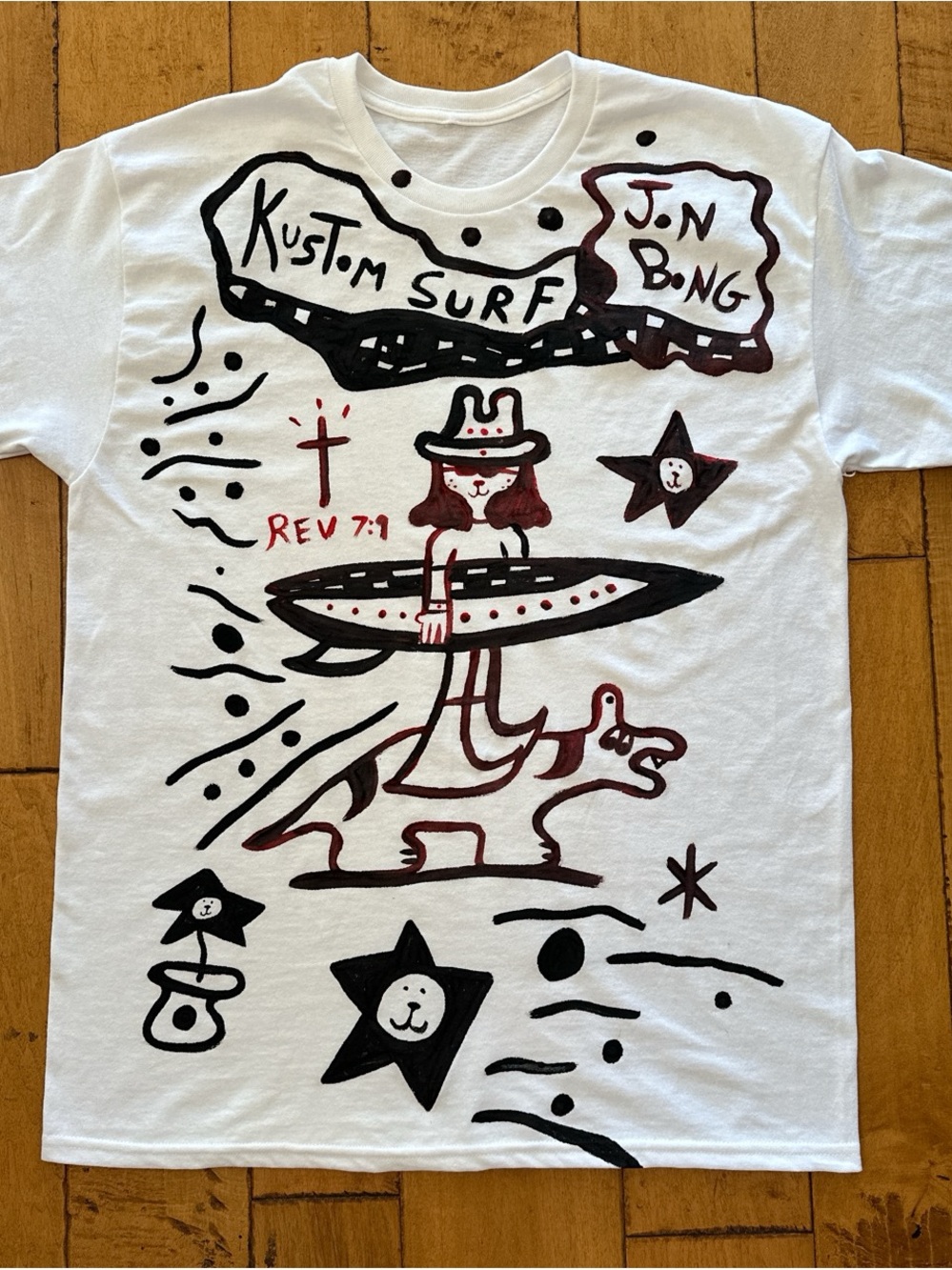 Japan Surf Art Tee — White with Black & Maroon Graphics